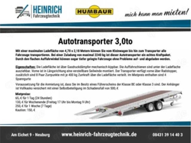 Humbaur MTK 304722 Autotransport-Anhänger 3000kg zu vermieten Nutzlast 2240kg - 1